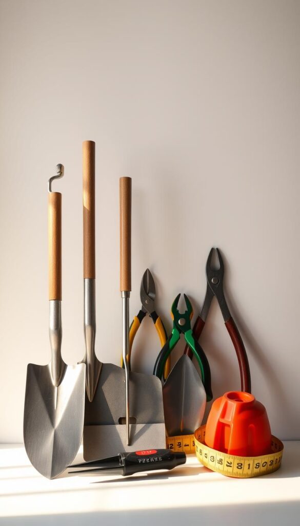 A neatly organized collection of garden and landscaping tools, meticulously arranged against a clean, well-lit backdrop. In the foreground, a spade, rake, and cultivator stand upright, their sharp edges gleaming in the soft, directional lighting. In the middle ground, a pair of pruning shears, a trowel, and a measuring tape are laid out, conveying a sense of order and preparedness. The background features a subtle, neutral-colored surface, allowing the tools to take center stage and showcase their utility. The overall mood is one of efficiency and attention to detail, setting the stage for a successful DIY lawn leveling project. A neatly organized collection of garden and landscaping tools, meticulously arranged against a clean, well-lit backdrop. In the foreground, a spade, rake, and cultivator stand upright, their sharp edges gleaming in the soft, directional lighting. In the middle ground, a pair of pruning shears, a trowel, and a measuring tape are laid out, conveying a sense of order and preparedness. The background features a subtle, neutral-colored surface, allowing the tools to take center stage and showcase their utility. The overall mood is one of efficiency and attention to detail, setting the stage for a successful DIY lawn leveling project.