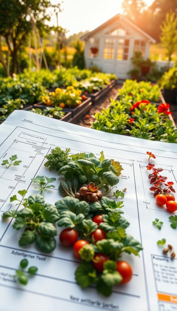 A neatly organized garden plan, showcasing a carefully designed layout of various vegetables and herbs. The foreground features a detailed blueprint with precise measurements and plant placements, evenly spaced and color-coded for easy visualization. In the middle ground, a lush, well-tended garden comes to life, with vibrant greens, reds, and yellows of thriving plants. The background depicts a warm, sun-dappled scene, with a picturesque shed or greenhouse providing a harmonious backdrop. The overall composition conveys a sense of order, productivity, and a deep understanding of the synergistic relationship between space, height, and time in successful succession planting. A neatly organized garden plan, showcasing a carefully designed layout of various vegetables and herbs. The foreground features a detailed blueprint with precise measurements and plant placements, evenly spaced and color-coded for easy visualization. In the middle ground, a lush, well-tended garden comes to life, with vibrant greens, reds, and yellows of thriving plants. The background depicts a warm, sun-dappled scene, with a picturesque shed or greenhouse providing a harmonious backdrop. The overall composition conveys a sense of order, productivity, and a deep understanding of the synergistic relationship between space, height, and time in successful succession planting.
