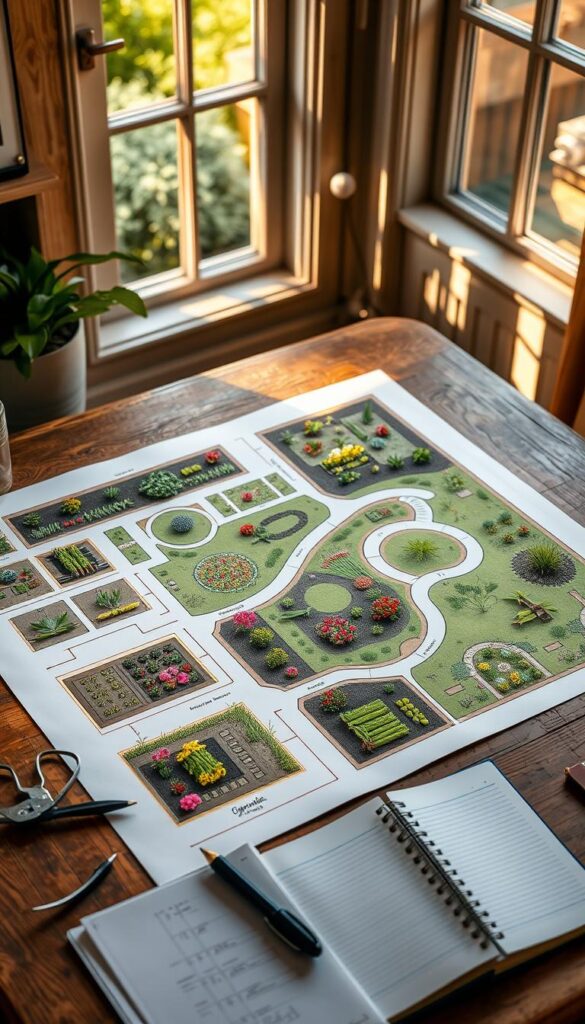 A neatly organized garden plan spread out on a wooden table, illuminated by warm natural light streaming through a window. The layout features carefully plotted flower beds, vegetable patches, and winding paths, all contained within a small, lush yard. The plan uses clean lines, geometric shapes, and a color palette of vibrant greens, earthy browns, and pops of colorful blooms to create a cohesive, cottage-inspired design. Gardening tools and notebooks provide a sense of planning and preparation, while the overall scene conveys a sense of tranquility and a vision for transforming a modest outdoor space into a bountiful, visually striking sanctuary.