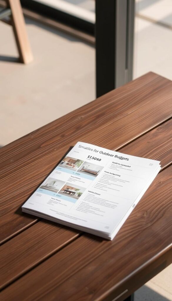 A neatly organized price guide, presented on a wooden tabletop with a rustic, weathered texture. The guide features carefully curated product images, pricing details, and concise descriptions, all in a clean and minimalist layout. Soft, natural lighting from the side gently illuminates the guide, creating a warm and inviting atmosphere. The tabletop is surrounded by a subtle, blurred background, allowing the price guide to be the focal point. The overall mood is one of practicality and approachability, complementing the "Smart Budgets for Outdoor Dining" theme. A neatly organized price guide, presented on a wooden tabletop with a rustic, weathered texture. The guide features carefully curated product images, pricing details, and concise descriptions, all in a clean and minimalist layout. Soft, natural lighting from the side gently illuminates the guide, creating a warm and inviting atmosphere. The tabletop is surrounded by a subtle, blurred background, allowing the price guide to be the focal point. The overall mood is one of practicality and approachability, complementing the "Smart Budgets for Outdoor Dining" theme.