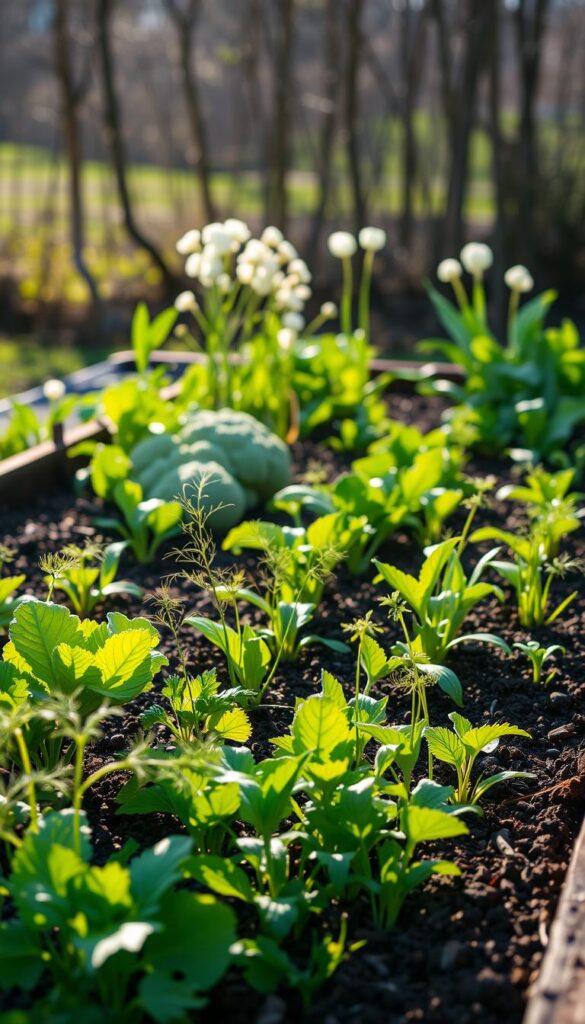A neatly organized raised garden bed, filled with freshly tilled, nutrient-rich soil, bathed in the warm glow of early spring sunlight. In the foreground, vibrant green lettuce leaves, tender pea shoots, and the delicate fronds of dill and parsley sway gently in a light breeze. In the middle ground, the sturdy stems of broccoli and spinach plants stand tall, while behind them, the delicate white blossoms of radish and turnip flowers add a touch of natural beauty. The background is framed by the soft, hazy silhouettes of budding trees, hinting at the transition from winter to the verdant splendor of the coming season. The overall scene exudes a sense of renewed life and anticipation, perfectly capturing the essence of an early spring vegetable garden.