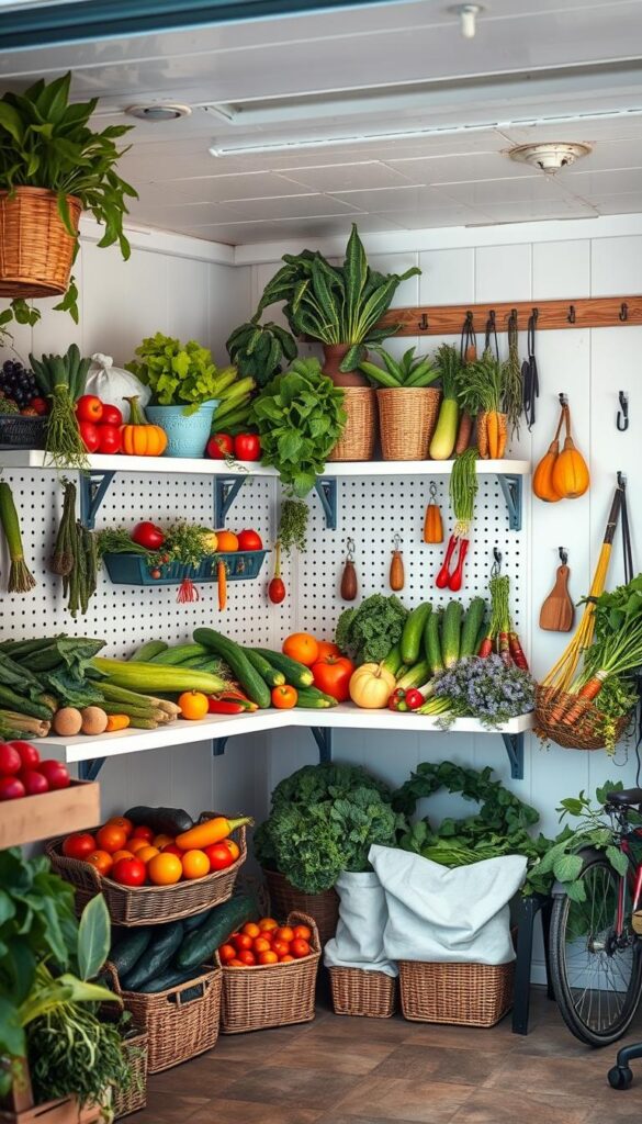 A neatly organized shed or garage interior, with shelves and pegboards displaying a variety of freshly harvested produce. The produce, including assorted vegetables, fruits, and herbs, is arranged in a clean, visually appealing manner, highlighting their vibrant colors and textures. Soft, diffused lighting illuminates the scene, creating a warm, welcoming atmosphere. The background features clean, uncluttered walls, with a few carefully placed hooks or storage solutions to maintain a sense of order and efficiency. The overall composition conveys a harmonious, pest-free environment, ready to store and preserve the bountiful harvest. A neatly organized shed or garage interior, with shelves and pegboards displaying a variety of freshly harvested produce. The produce, including assorted vegetables, fruits, and herbs, is arranged in a clean, visually appealing manner, highlighting their vibrant colors and textures. Soft, diffused lighting illuminates the scene, creating a warm, welcoming atmosphere. The background features clean, uncluttered walls, with a few carefully placed hooks or storage solutions to maintain a sense of order and efficiency. The overall composition conveys a harmonious, pest-free environment, ready to store and preserve the bountiful harvest.