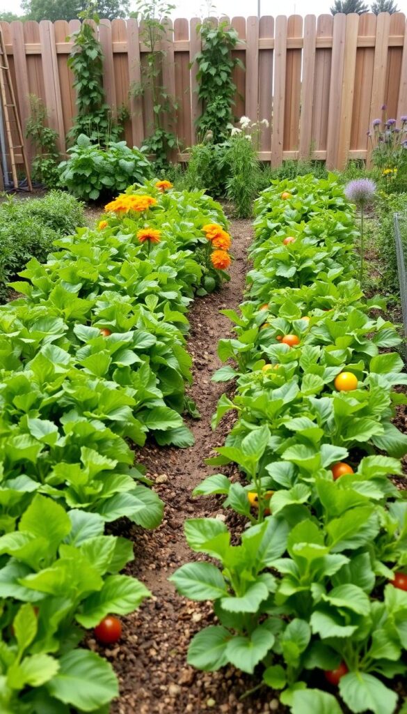 A neatly organized small garden plot with rows of various healthy vegetables and herbs. The foreground shows lush green foliage and vibrant colors of produce such as carrots, lettuce, tomatoes, and bell peppers. The middle ground depicts companion plants like marigolds and borage, strategically placed to encourage beneficial insects. In the background, a wooden fence or trellis provides structure and a sense of enclosure. The lighting is soft and diffused, creating a serene, natural atmosphere. The camera angle is slightly elevated to give an overview of the well-planned, efficient layout of the crop rotation system. A neatly organized small garden plot with rows of various healthy vegetables and herbs. The foreground shows lush green foliage and vibrant colors of produce such as carrots, lettuce, tomatoes, and bell peppers. The middle ground depicts companion plants like marigolds and borage, strategically placed to encourage beneficial insects. In the background, a wooden fence or trellis provides structure and a sense of enclosure. The lighting is soft and diffused, creating a serene, natural atmosphere. The camera angle is slightly elevated to give an overview of the well-planned, efficient layout of the crop rotation system.