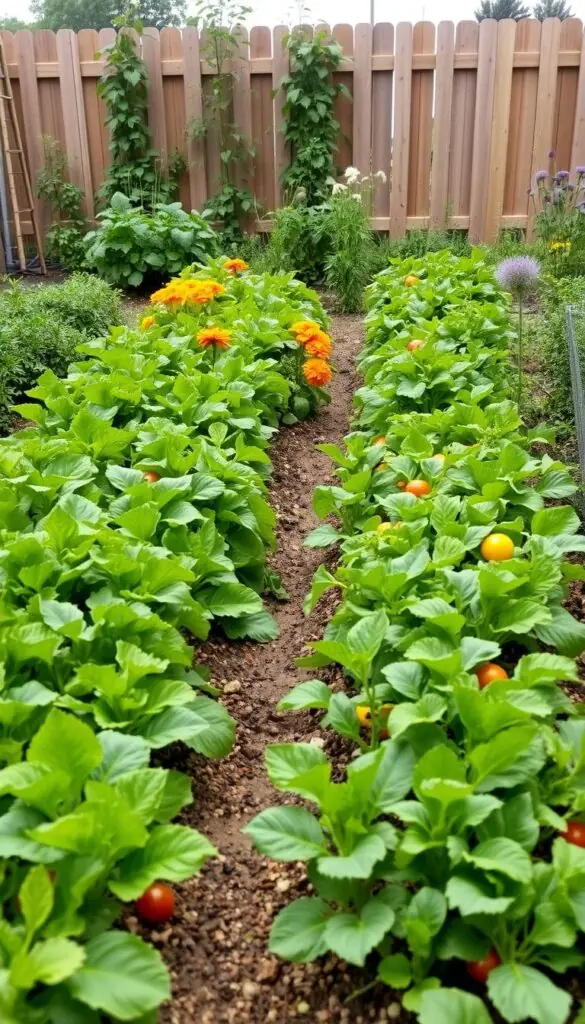 A neatly organized small garden plot with rows of various healthy vegetables and herbs. The foreground shows lush green foliage and vibrant colors of produce such as carrots, lettuce, tomatoes, and bell peppers. The middle ground depicts companion plants like marigolds and borage, strategically placed to encourage beneficial insects. In the background, a wooden fence or trellis provides structure and a sense of enclosure. The lighting is soft and diffused, creating a serene, natural atmosphere. The camera angle is slightly elevated to give an overview of the well-planned, efficient layout of the crop rotation system. A neatly organized small garden plot with rows of various healthy vegetables and herbs. The foreground shows lush green foliage and vibrant colors of produce such as carrots, lettuce, tomatoes, and bell peppers. The middle ground depicts companion plants like marigolds and borage, strategically placed to encourage beneficial insects. In the background, a wooden fence or trellis provides structure and a sense of enclosure. The lighting is soft and diffused, creating a serene, natural atmosphere. The camera angle is slightly elevated to give an overview of the well-planned, efficient layout of the crop rotation system.