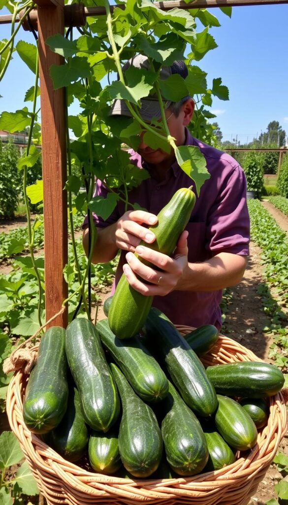 A neatly organized vegetable garden on a sunny day, with lush, green cucumber vines climbing up a trellis. In the foreground, a farmer carefully inspects a ripe, freshly harvested cucumber, its vibrant green skin glistening in the warm light. Surrounding the central figure, a collection of other freshly picked cucumbers rests in a woven basket, ready for the kitchen. In the background, the rest of the garden is visible, with rows of healthy cucumber plants and other thriving vegetables. The scene conveys a sense of abundance, hard work, and the joy of a successful harvest. A neatly organized vegetable garden on a sunny day, with lush, green cucumber vines climbing up a trellis. In the foreground, a farmer carefully inspects a ripe, freshly harvested cucumber, its vibrant green skin glistening in the warm light. Surrounding the central figure, a collection of other freshly picked cucumbers rests in a woven basket, ready for the kitchen. In the background, the rest of the garden is visible, with rows of healthy cucumber plants and other thriving vegetables. The scene conveys a sense of abundance, hard work, and the joy of a successful harvest.