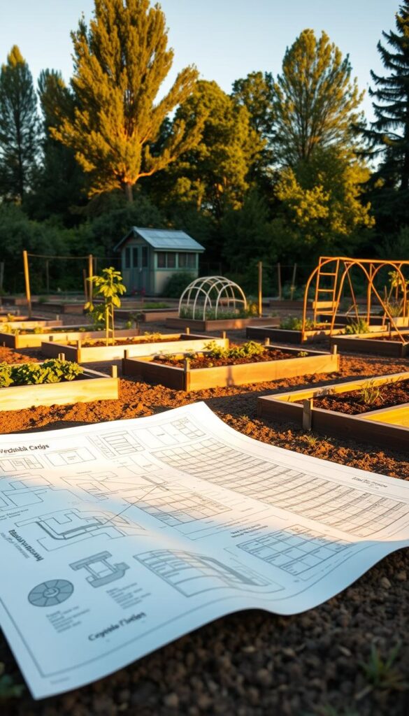 A neatly organized vegetable garden with raised beds, carefully planned layouts, and vertical supports for vining plants. The scene is bathed in warm, golden afternoon light, casting long shadows across the fresh, tilled soil. In the foreground, a detailed garden plan is unrolled, showcasing precise spacing and companion planting strategies. Midground, raised beds of various shapes and sizes are arranged in an efficient, visually pleasing layout, with trellises and cloches dotting the scene. The background features a lush, verdant backdrop of tall trees and a picturesque shed or greenhouse, hinting at the productive potential of this carefully curated space. A neatly organized vegetable garden with raised beds, carefully planned layouts, and vertical supports for vining plants. The scene is bathed in warm, golden afternoon light, casting long shadows across the fresh, tilled soil. In the foreground, a detailed garden plan is unrolled, showcasing precise spacing and companion planting strategies. Midground, raised beds of various shapes and sizes are arranged in an efficient, visually pleasing layout, with trellises and cloches dotting the scene. The background features a lush, verdant backdrop of tall trees and a picturesque shed or greenhouse, hinting at the productive potential of this carefully curated space.
