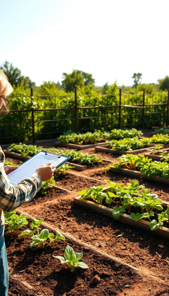 A neatly organized vegetable garden, with well-defined beds and pathways. In the foreground, a gardener plans the layout, sketching on a clipboard and considering companion planting arrangements. The middle ground features a variety of thriving plants, their leaves gently swaying in the warm breeze. In the background, a picturesque fence and lush greenery create a sense of tranquility. The lighting is soft and natural, casting a golden glow across the scene. The overall atmosphere is one of productive harmony, where thoughtful planning leads to a bountiful harvest. A neatly organized vegetable garden, with well-defined beds and pathways. In the foreground, a gardener plans the layout, sketching on a clipboard and considering companion planting arrangements. The middle ground features a variety of thriving plants, their leaves gently swaying in the warm breeze. In the background, a picturesque fence and lush greenery create a sense of tranquility. The lighting is soft and natural, casting a golden glow across the scene. The overall atmosphere is one of productive harmony, where thoughtful planning leads to a bountiful harvest.