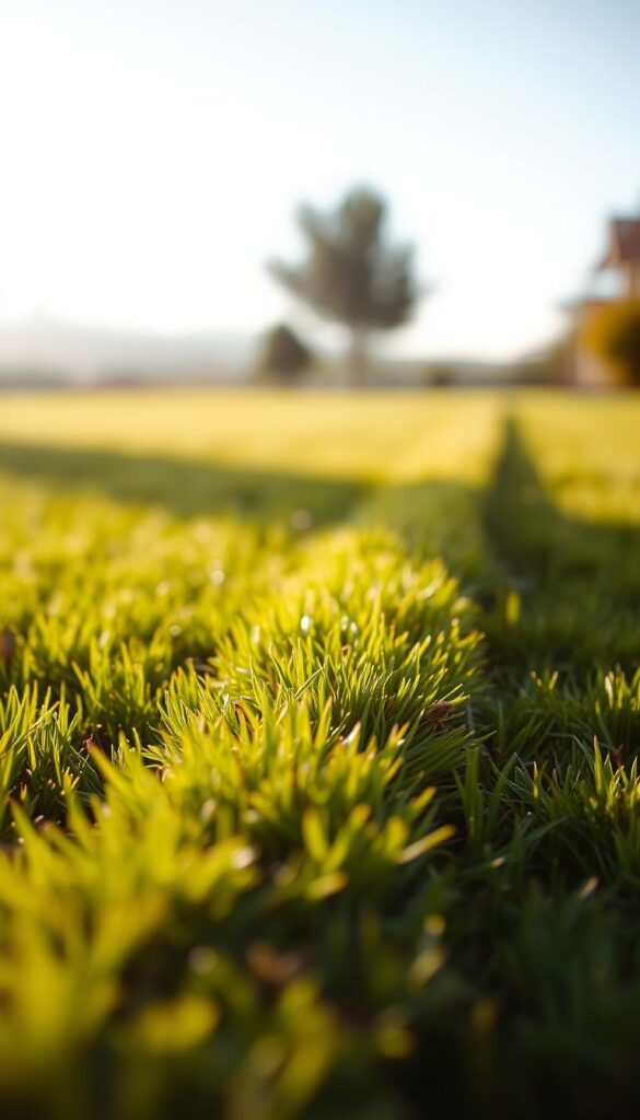 A neatly trimmed lawn with a crisp, well-defined edge, bathed in warm, directional sunlight. The foreground showcases the precise, linear edge, with a shallow depth of field that gradually blurs the lush, verdant grass in the middle ground. The background features a subtle, out-of-focus landscape, creating a sense of depth and tranquility. Captured with a wide-angle lens to provide a natural, immersive perspective, the image conveys the satisfying, meticulous attention to detail required for maintaining a pristine lawn edge.