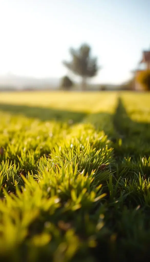 A neatly trimmed lawn with a crisp, well-defined edge, bathed in warm, directional sunlight. The foreground showcases the precise, linear edge, with a shallow depth of field that gradually blurs the lush, verdant grass in the middle ground. The background features a subtle, out-of-focus landscape, creating a sense of depth and tranquility. Captured with a wide-angle lens to provide a natural, immersive perspective, the image conveys the satisfying, meticulous attention to detail required for maintaining a pristine lawn edge.