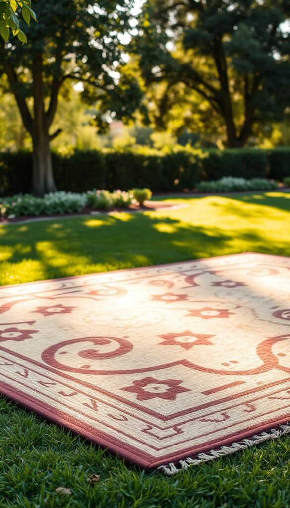 A neatly woven outdoor rug made of durable, weather-resistant fibers rests on a lush, well-manicured lawn. The rug's intricate pattern features a harmonious blend of earthy tones, adding a touch of natural elegance to the scene. Warm, gentle sunlight filters through the surrounding trees, casting a soft, inviting glow across the rug's surface. The overall atmosphere is one of tranquility and relaxation, perfectly suited for an article about caring for and styling outdoor rugs.