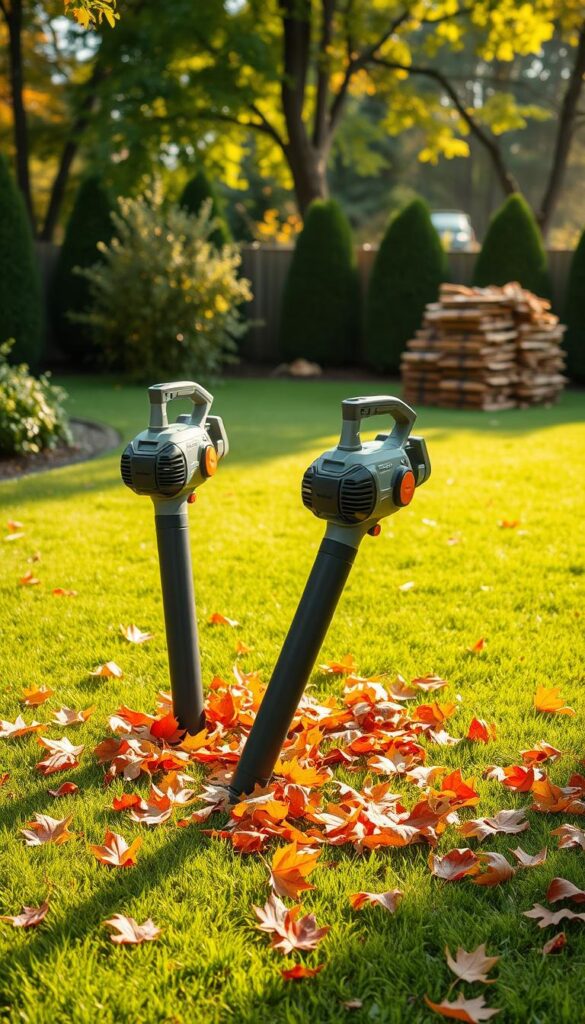 A pair of high-powered leaf blowers standing in a neatly manicured backyard, their nozzles angled towards the fallen autumn leaves scattered across the lush green grass. The devices are sleek and modern, with ergonomic handles and powerful engines that create a gentle, low-pitched hum. Sunlight filters through the trees, casting a warm, golden glow across the scene. In the background, a neatly stacked pile of raked leaves waits to be transported, ready for disposal or composting. The overall atmosphere is one of efficient, well-organized lawn care, perfectly suited for the "Cleanup, transport, and winter gear to keep surfaces clear" section of the article. A pair of high-powered leaf blowers standing in a neatly manicured backyard, their nozzles angled towards the fallen autumn leaves scattered across the lush green grass. The devices are sleek and modern, with ergonomic handles and powerful engines that create a gentle, low-pitched hum. Sunlight filters through the trees, casting a warm, golden glow across the scene. In the background, a neatly stacked pile of raked leaves waits to be transported, ready for disposal or composting. The overall atmosphere is one of efficient, well-organized lawn care, perfectly suited for the "Cleanup, transport, and winter gear to keep surfaces clear" section of the article.