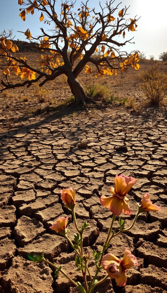 A parched, cracked earth with withered, yellowed leaves clinging to the branches of a solitary, gnarled tree. The sun beats down relentlessly, casting harsh shadows that accentuate the desiccation. In the foreground, a few wilted flowers struggle to maintain their vibrant hues, their petals curling inwards. The overall atmosphere is one of despair and the urgent need for rejuvenation, inviting the viewer to ponder the signs of drought stress before irreversible damage sets in.