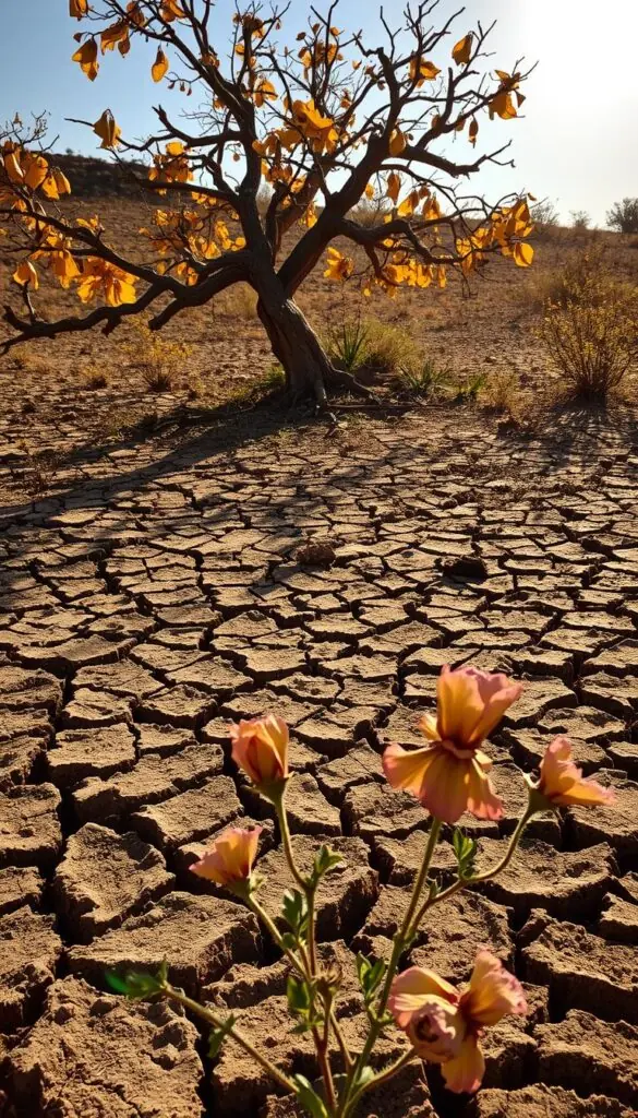 A parched, cracked earth with withered, yellowed leaves clinging to the branches of a solitary, gnarled tree. The sun beats down relentlessly, casting harsh shadows that accentuate the desiccation. In the foreground, a few wilted flowers struggle to maintain their vibrant hues, their petals curling inwards. The overall atmosphere is one of despair and the urgent need for rejuvenation, inviting the viewer to ponder the signs of drought stress before irreversible damage sets in.