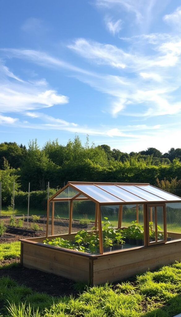 A peaceful garden setting with a well-constructed cold frame situated in the foreground, its wooden frame and glass panels catching the warm rays of the afternoon sun. The middle ground features lush, thriving plants protected by the cold frame, while the background showcases a backdrop of verdant foliage and a tranquil blue sky dotted with wispy clouds. The composition emphasizes the harmony between the cold frame and its natural surroundings, conveying a sense of serene productivity and the potential to extend the growing season. A peaceful garden setting with a well-constructed cold frame situated in the foreground, its wooden frame and glass panels catching the warm rays of the afternoon sun. The middle ground features lush, thriving plants protected by the cold frame, while the background showcases a backdrop of verdant foliage and a tranquil blue sky dotted with wispy clouds. The composition emphasizes the harmony between the cold frame and its natural surroundings, conveying a sense of serene productivity and the potential to extend the growing season.