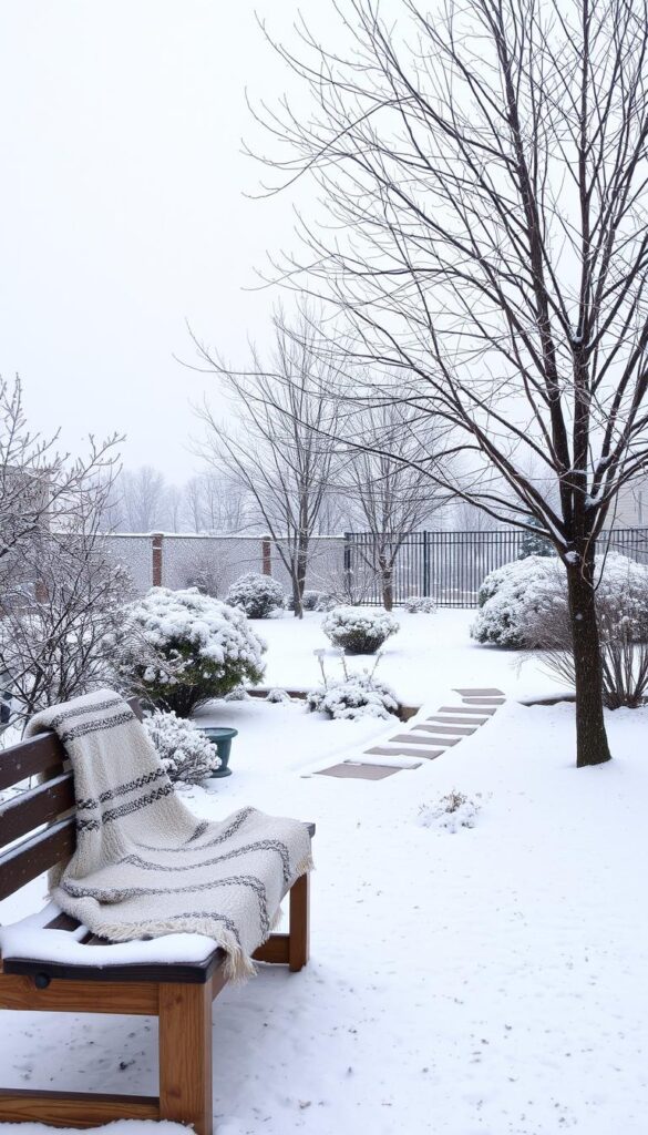 A peaceful, snow-covered garden in the winter. In the foreground, a wooden bench with a cozy blanket invites rest and contemplation. Gentle snowfall dances in the air, casting a soft, diffused light. In the middle ground, barren trees and shrubs stand in quiet elegance, their branches delicately outlined against the pale sky. In the background, a small, stone path winds through the garden, leading the eye towards a distant, snow-capped fence. The overall atmosphere is one of tranquility and serenity, perfectly capturing the spirit of thoughtful winter garden care. A peaceful, snow-covered garden in the winter. In the foreground, a wooden bench with a cozy blanket invites rest and contemplation. Gentle snowfall dances in the air, casting a soft, diffused light. In the middle ground, barren trees and shrubs stand in quiet elegance, their branches delicately outlined against the pale sky. In the background, a small, stone path winds through the garden, leading the eye towards a distant, snow-capped fence. The overall atmosphere is one of tranquility and serenity, perfectly capturing the spirit of thoughtful winter garden care.
