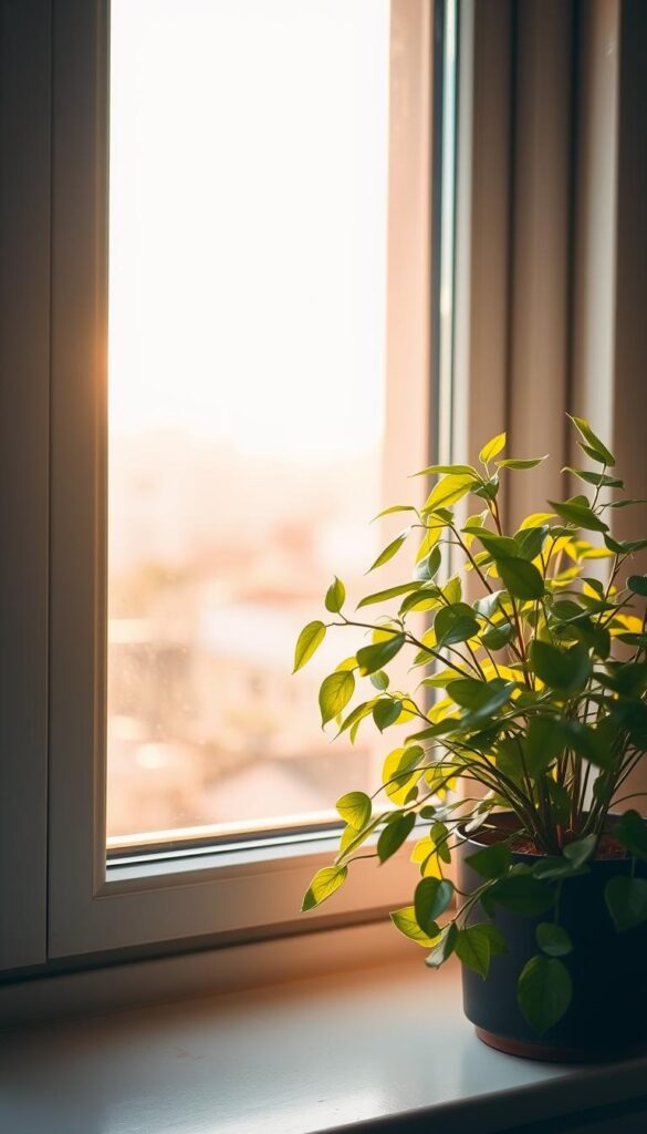 A peaceful, softly-lit window sill with a thriving, lush houseplant. Warm, natural daylight filters in through the glass, casting a gentle, luminous glow on the plant's verdant foliage. The plant's leaves sway gently, bathed in the tranquil, diffused light. In the background, a blurred cityscape or tranquil garden scene is visible through the window, adding depth and context to the serene tableau. The overall mood is one of quiet, meditative beauty, inviting the viewer to pause and appreciate the simple, low-maintenance pleasure of a thriving indoor plant in a sun-drenched corner.
