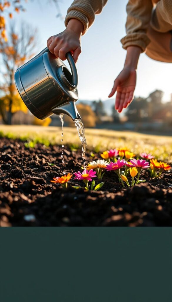 A person carefully watering a newly transplanted flower bed on a sunny autumn day. The foreground shows their hands gently pouring water from a watering can onto the rich, dark soil, watching the water seep into the ground. The middle ground features the vibrant, colorful flowers just starting to establish their roots, their petals glowing in the warm, golden light. In the background, a serene landscape of trees and a clear blue sky create a peaceful, tranquil atmosphere, emphasizing the calm, nurturing process of post-transplant care. A person carefully watering a newly transplanted flower bed on a sunny autumn day. The foreground shows their hands gently pouring water from a watering can onto the rich, dark soil, watching the water seep into the ground. The middle ground features the vibrant, colorful flowers just starting to establish their roots, their petals glowing in the warm, golden light. In the background, a serene landscape of trees and a clear blue sky create a peaceful, tranquil atmosphere, emphasizing the calm, nurturing process of post-transplant care.