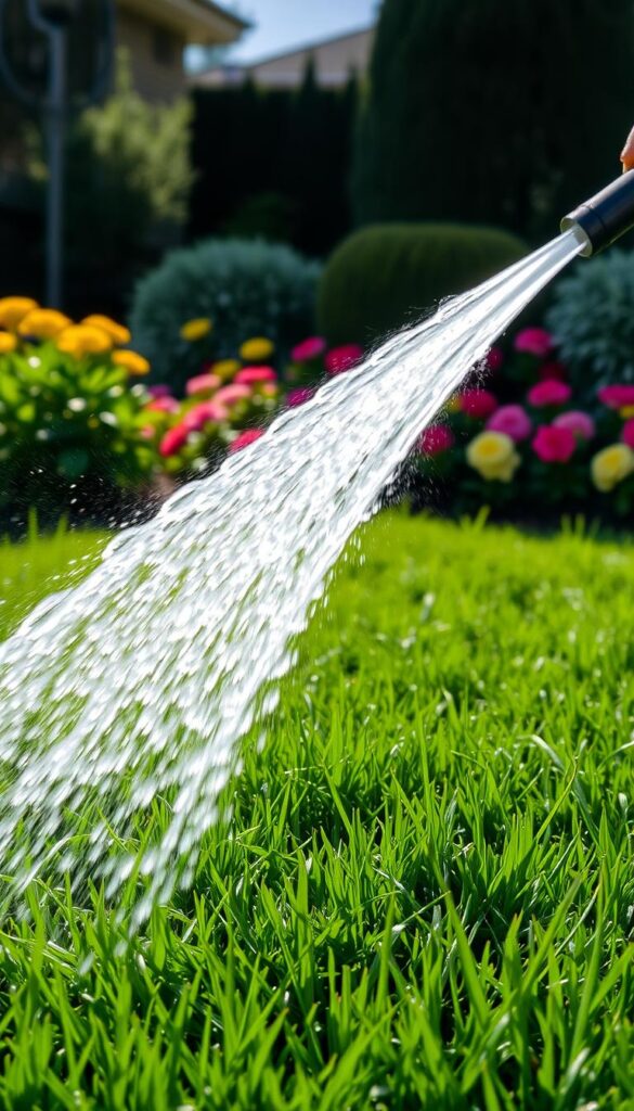 A person gently watering a lush, verdant lawn with a hose, the water cascading in a gentle arc and misting the grass. Sunlight filters through wispy clouds, casting a soft, natural illumination over the scene. The lawn is freshly mowed, with blades of grass still standing upright. In the background, a well-maintained garden with vibrant flowers and shrubs adds to the serene and inviting atmosphere. The camera angle is slightly low, capturing the watering action from a perspective that emphasizes the importance of this post-mowing task. The overall mood is one of tranquility and care, reflecting the "watering wisdom" needed to maintain a healthy, new lawn. A person gently watering a lush, verdant lawn with a hose, the water cascading in a gentle arc and misting the grass. Sunlight filters through wispy clouds, casting a soft, natural illumination over the scene. The lawn is freshly mowed, with blades of grass still standing upright. In the background, a well-maintained garden with vibrant flowers and shrubs adds to the serene and inviting atmosphere. The camera angle is slightly low, capturing the watering action from a perspective that emphasizes the importance of this post-mowing task. The overall mood is one of tranquility and care, reflecting the "watering wisdom" needed to maintain a healthy, new lawn.