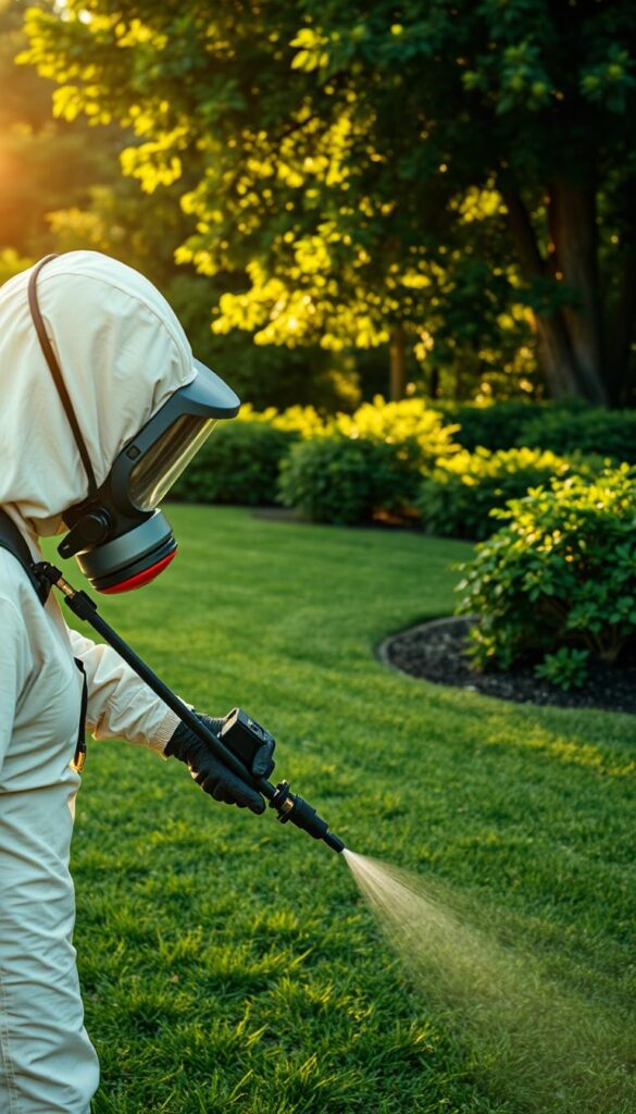 A person in a protective suit carefully spraying pesticide on a well-manicured lawn, surrounded by a lush, verdant backdrop. The sun casts a warm, golden glow, highlighting the precision and caution with which the task is being performed. In the foreground, the sprayer's face is obscured by a respirator, emphasizing the importance of safety. The mid-ground features a meticulously maintained lawn, free of weeds and pests, while the background showcases a vibrant, healthy ecosystem of trees and shrubs. The overall scene conveys a sense of responsible, by-the-book pest management practices, ensuring the health and beauty of the lawn. A person in a protective suit carefully spraying pesticide on a well-manicured lawn, surrounded by a lush, verdant backdrop. The sun casts a warm, golden glow, highlighting the precision and caution with which the task is being performed. In the foreground, the sprayer's face is obscured by a respirator, emphasizing the importance of safety. The mid-ground features a meticulously maintained lawn, free of weeds and pests, while the background showcases a vibrant, healthy ecosystem of trees and shrubs. The overall scene conveys a sense of responsible, by-the-book pest management practices, ensuring the health and beauty of the lawn.