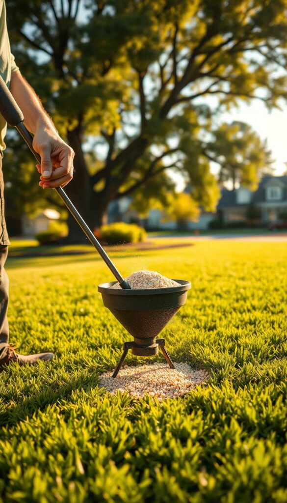 A person in casual gardening attire carefully spreading fertilizer granules across a lush, green lawn. The scene is bathed in warm, golden afternoon sunlight, casting soft shadows. The foreground shows the person's hands gently shaking the fertilizer spreader, while the middle ground captures the even distribution of the granules over the grass. In the background, a picturesque suburban neighborhood with towering trees and well-maintained homes sets the scene. The image conveys a sense of care, attention to detail, and the importance of proper lawn maintenance. A person in casual gardening attire carefully spreading fertilizer granules across a lush, green lawn. The scene is bathed in warm, golden afternoon sunlight, casting soft shadows. The foreground shows the person's hands gently shaking the fertilizer spreader, while the middle ground captures the even distribution of the granules over the grass. In the background, a picturesque suburban neighborhood with towering trees and well-maintained homes sets the scene. The image conveys a sense of care, attention to detail, and the importance of proper lawn maintenance.