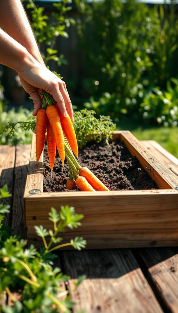 A person's hands gently placing bright orange carrots into a wooden planter box filled with rich, dark soil. The carrots are freshly picked, their tops still vibrant green. The planter is positioned on a weathered wooden table in a sunlit backyard, surrounded by lush greenery. Soft, natural lighting casts a warm, earthy glow over the scene. The composition is framed from a low angle, emphasizing the textures and colors of the organic elements. An atmosphere of tranquility and care pervades the image, reflecting the nurturing act of feeding and tending to the growing carrots. A person's hands gently placing bright orange carrots into a wooden planter box filled with rich, dark soil. The carrots are freshly picked, their tops still vibrant green. The planter is positioned on a weathered wooden table in a sunlit backyard, surrounded by lush greenery. Soft, natural lighting casts a warm, earthy glow over the scene. The composition is framed from a low angle, emphasizing the textures and colors of the organic elements. An atmosphere of tranquility and care pervades the image, reflecting the nurturing act of feeding and tending to the growing carrots.