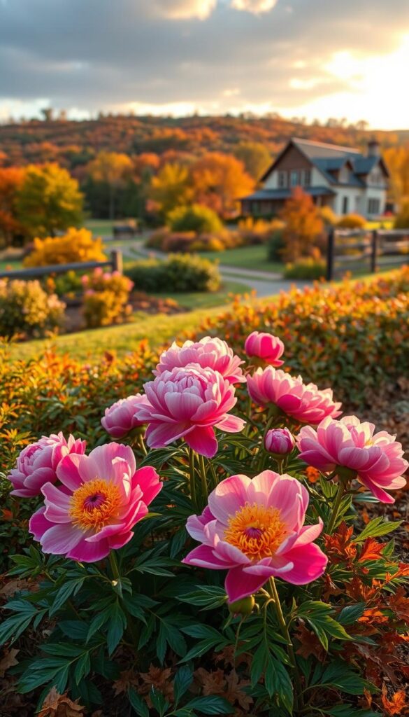 A picturesque autumn landscape with a lush garden in the foreground showcasing vibrant peony plants in full bloom. The plants are nestled among a variety of fall foliage, with a warm, golden light casting a soft glow across the scene. In the background, a cozy farmhouse or cottage sits amidst a rolling hill backdrop, hinting at the ideal growing conditions for these resilient perennials. The overall composition evokes a sense of tranquility and the perfect time to plant these long-lasting, season-spanning flowers.