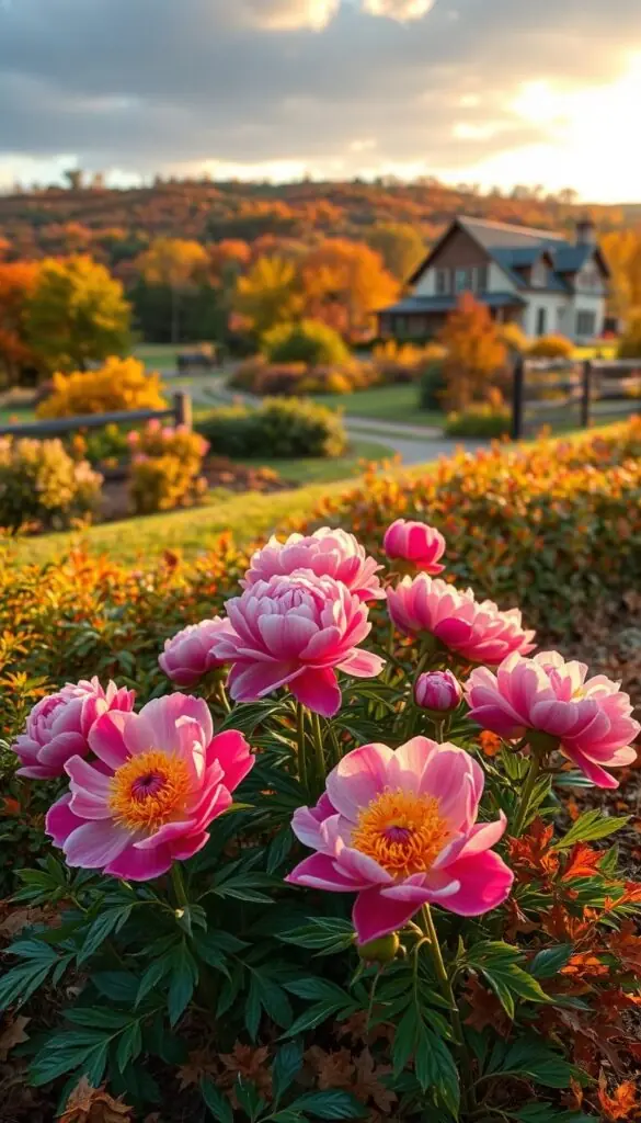 A picturesque autumn landscape with a lush garden in the foreground showcasing vibrant peony plants in full bloom. The plants are nestled among a variety of fall foliage, with a warm, golden light casting a soft glow across the scene. In the background, a cozy farmhouse or cottage sits amidst a rolling hill backdrop, hinting at the ideal growing conditions for these resilient perennials. The overall composition evokes a sense of tranquility and the perfect time to plant these long-lasting, season-spanning flowers. A picturesque autumn landscape with a lush garden in the foreground showcasing vibrant peony plants in full bloom. The plants are nestled among a variety of fall foliage, with a warm, golden light casting a soft glow across the scene. In the background, a cozy farmhouse or cottage sits amidst a rolling hill backdrop, hinting at the ideal growing conditions for these resilient perennials. The overall composition evokes a sense of tranquility and the perfect time to plant these long-lasting, season-spanning flowers.
