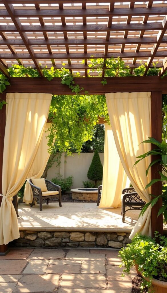 A picturesque backyard pergola, its sturdy wooden beams and latticed roof casting gentle shadows across a tranquil stone patio. The structure is adorned with lush, cascading vines, their verdant leaves rustling in a soft, balmy breeze. Delicate, cream-colored curtains billow around the pergola's perimeter, creating a cozy, inviting atmosphere. Warm sunlight filters through the openings, illuminating the space with a warm, golden glow. The overall scene exudes a sense of relaxation and outdoor comfort, perfect for enjoying a peaceful afternoon or entertaining guests. A picturesque backyard pergola, its sturdy wooden beams and latticed roof casting gentle shadows across a tranquil stone patio. The structure is adorned with lush, cascading vines, their verdant leaves rustling in a soft, balmy breeze. Delicate, cream-colored curtains billow around the pergola's perimeter, creating a cozy, inviting atmosphere. Warm sunlight filters through the openings, illuminating the space with a warm, golden glow. The overall scene exudes a sense of relaxation and outdoor comfort, perfect for enjoying a peaceful afternoon or entertaining guests.