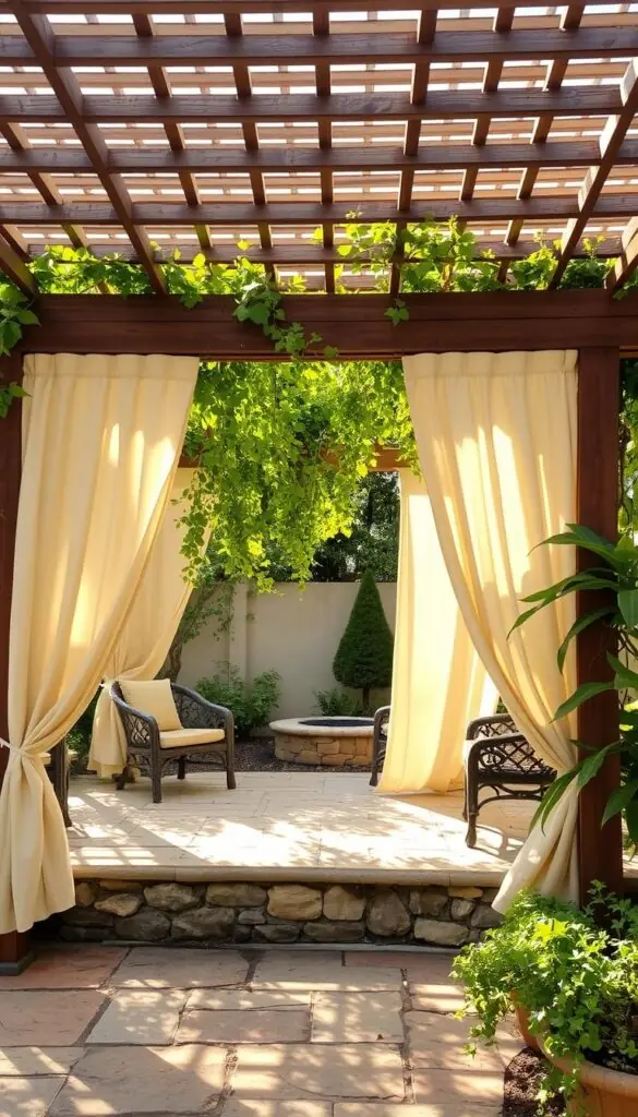 A picturesque backyard pergola, its sturdy wooden beams and latticed roof casting gentle shadows across a tranquil stone patio. The structure is adorned with lush, cascading vines, their verdant leaves rustling in a soft, balmy breeze. Delicate, cream-colored curtains billow around the pergola's perimeter, creating a cozy, inviting atmosphere. Warm sunlight filters through the openings, illuminating the space with a warm, golden glow. The overall scene exudes a sense of relaxation and outdoor comfort, perfect for enjoying a peaceful afternoon or entertaining guests. A picturesque backyard pergola, its sturdy wooden beams and latticed roof casting gentle shadows across a tranquil stone patio. The structure is adorned with lush, cascading vines, their verdant leaves rustling in a soft, balmy breeze. Delicate, cream-colored curtains billow around the pergola's perimeter, creating a cozy, inviting atmosphere. Warm sunlight filters through the openings, illuminating the space with a warm, golden glow. The overall scene exudes a sense of relaxation and outdoor comfort, perfect for enjoying a peaceful afternoon or entertaining guests.