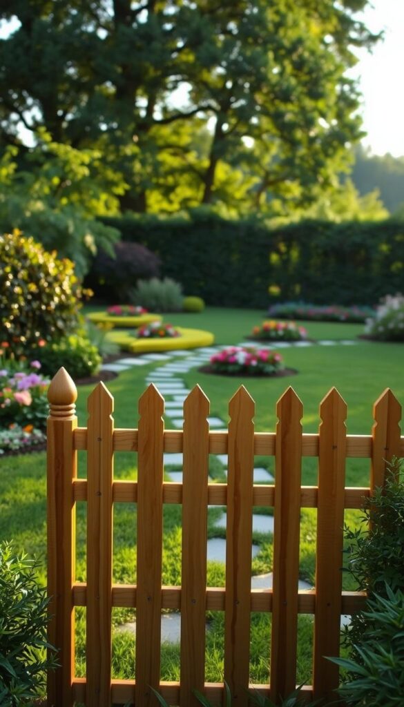 A picturesque garden scene with a charming wooden fence in the foreground, its height measuring around 4 feet. The fence is beautifully crafted, with intricate lattice work and a natural stained finish that blends seamlessly with the lush greenery surrounding it. In the middle ground, a well-manicured lawn extends, dotted with vibrant flower beds and a meandering stone path. The background features a distant tree line, casting gentle shadows that create a warm, inviting atmosphere. The lighting is soft and diffused, emphasizing the texture and warmth of the wooden fence. The overall scene conveys a sense of tranquility and the perfect balance of form and function in a well-designed garden.
