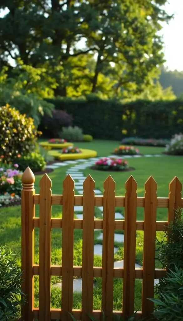 A picturesque garden scene with a charming wooden fence in the foreground, its height measuring around 4 feet. The fence is beautifully crafted, with intricate lattice work and a natural stained finish that blends seamlessly with the lush greenery surrounding it. In the middle ground, a well-manicured lawn extends, dotted with vibrant flower beds and a meandering stone path. The background features a distant tree line, casting gentle shadows that create a warm, inviting atmosphere. The lighting is soft and diffused, emphasizing the texture and warmth of the wooden fence. The overall scene conveys a sense of tranquility and the perfect balance of form and function in a well-designed garden.