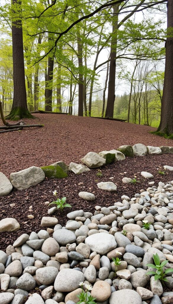 A picturesque rock garden in early spring, situated in a tranquil woodland setting. The foreground features an array of neatly arranged stones and pebbles in various hues, interspersed with delicate blooming flowers like creeping phlox and saxifrage. The middle ground showcases a gentle slope covered in a layer of fresh mulch, leading to a backdrop of lush, verdant foliage and towering trees that filter the soft, diffused natural lighting. The overall scene exudes a sense of serene harmony, inviting the viewer to imagine the seasonal care and maintenance required to sustain this well-curated outdoor oasis. A picturesque rock garden in early spring, situated in a tranquil woodland setting. The foreground features an array of neatly arranged stones and pebbles in various hues, interspersed with delicate blooming flowers like creeping phlox and saxifrage. The middle ground showcases a gentle slope covered in a layer of fresh mulch, leading to a backdrop of lush, verdant foliage and towering trees that filter the soft, diffused natural lighting. The overall scene exudes a sense of serene harmony, inviting the viewer to imagine the seasonal care and maintenance required to sustain this well-curated outdoor oasis.