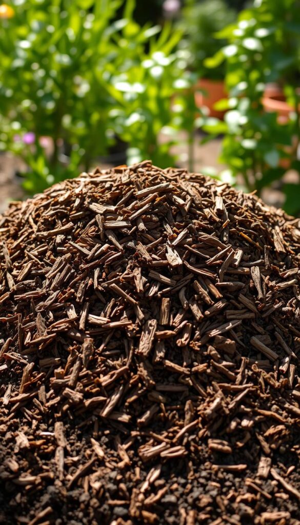 A pile of fresh, earthy brown mulch sits atop the soil in a lush, sunlit garden. The mulch is texturally rich, with varying shades and grain sizes that create a visually appealing surface. Soft, diffused lighting illuminates the scene, casting gentle shadows that add depth and dimension. The mulch is arranged in an organic, slightly mounded shape, giving the impression of a carefully curated and maintained planting bed. The overall mood is one of natural, serene beauty, inviting the viewer to envision how this mulch could enhance the health and appearance of potted plants.