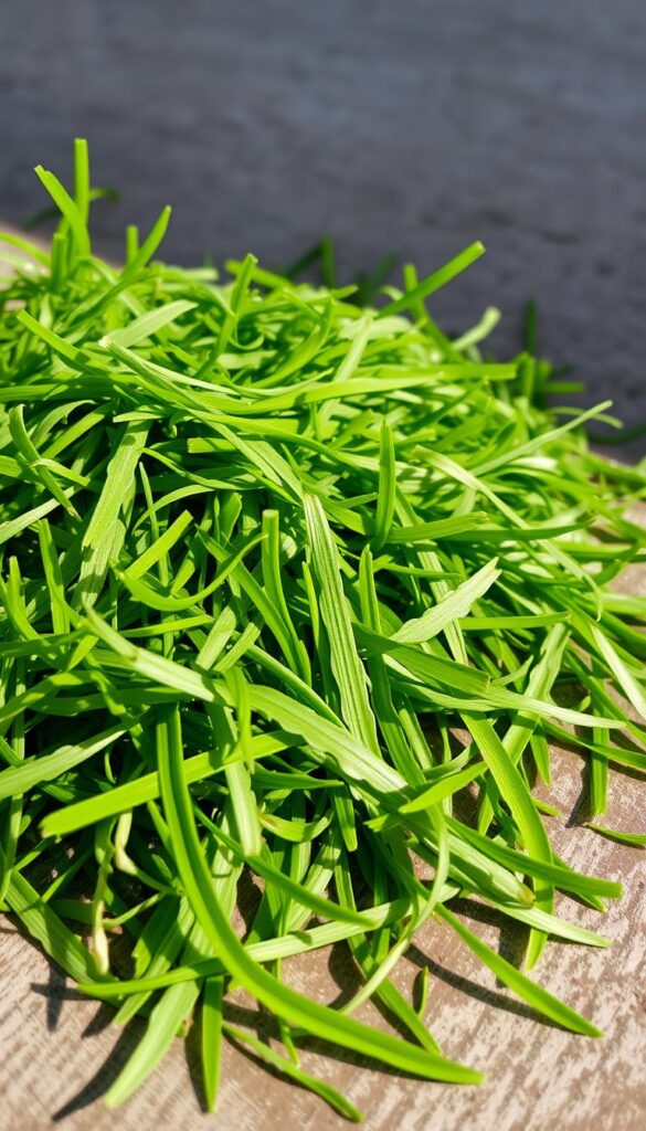 A pile of freshly mowed grass clippings, arranged artfully on a wooden surface. The clippings are a vibrant, verdant green, with a slight sheen from the morning dew. The lighting is soft and natural, casting gentle shadows that add depth and dimensionality to the composition. The clippings are positioned in an organic, flowing pattern, hinting at the process of "grasscycling" and the benefits it provides for a healthy, thriving lawn. The background is slightly blurred, keeping the focus on the captivating details of the clippings themselves. The overall mood is one of serenity and the appreciation of the natural cycles of growth and renewal. A pile of freshly mowed grass clippings, arranged artfully on a wooden surface. The clippings are a vibrant, verdant green, with a slight sheen from the morning dew. The lighting is soft and natural, casting gentle shadows that add depth and dimensionality to the composition. The clippings are positioned in an organic, flowing pattern, hinting at the process of "grasscycling" and the benefits it provides for a healthy, thriving lawn. The background is slightly blurred, keeping the focus on the captivating details of the clippings themselves. The overall mood is one of serenity and the appreciation of the natural cycles of growth and renewal.