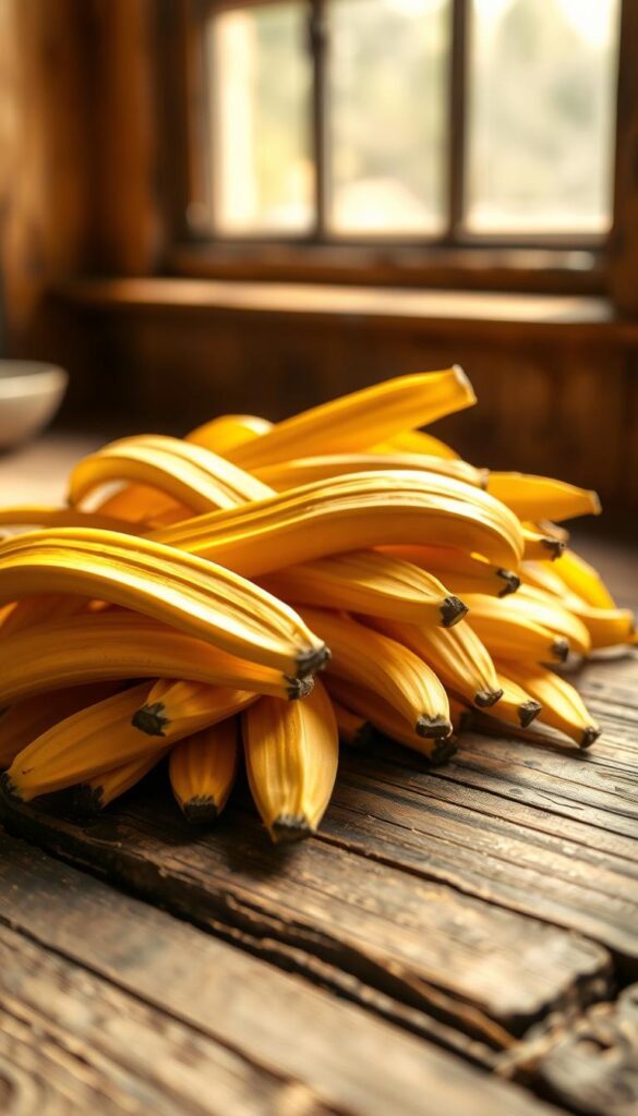 A pile of ripe, yellow banana peels artfully arranged on a rustic wooden surface, illuminated by soft natural light filtering through a nearby window. The peels are slightly curled at the edges, showcasing their smooth, glossy texture and organic imperfections. The foreground is in sharp focus, while the background fades into a hazy, warm-toned ambiance, creating a sense of simplicity and tranquility. The composition is balanced and visually appealing, highlighting the peels as a humble, everyday ingredient that can be repurposed into a valuable homemade fertilizer. A pile of ripe, yellow banana peels artfully arranged on a rustic wooden surface, illuminated by soft natural light filtering through a nearby window. The peels are slightly curled at the edges, showcasing their smooth, glossy texture and organic imperfections. The foreground is in sharp focus, while the background fades into a hazy, warm-toned ambiance, creating a sense of simplicity and tranquility. The composition is balanced and visually appealing, highlighting the peels as a humble, everyday ingredient that can be repurposed into a valuable homemade fertilizer.