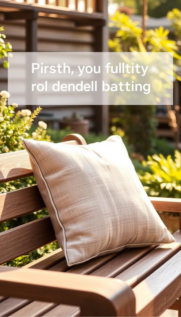 A plush, high-quality outdoor cushion, filled with soft, resilient polyester batting, resting on a wooden bench in a tranquil garden setting. Warm, diffused natural lighting illuminates the cushion, highlighting its luxurious texture and muted color palette. The cushion's design features clean lines and a subtle, understated pattern that complements the surrounding foliage and rustic wooden elements. The overall atmosphere conveys a sense of comfort, relaxation, and the perfect integration of outdoor furnishings with the natural environment. A plush, high-quality outdoor cushion, filled with soft, resilient polyester batting, resting on a wooden bench in a tranquil garden setting. Warm, diffused natural lighting illuminates the cushion, highlighting its luxurious texture and muted color palette. The cushion's design features clean lines and a subtle, understated pattern that complements the surrounding foliage and rustic wooden elements. The overall atmosphere conveys a sense of comfort, relaxation, and the perfect integration of outdoor furnishings with the natural environment.