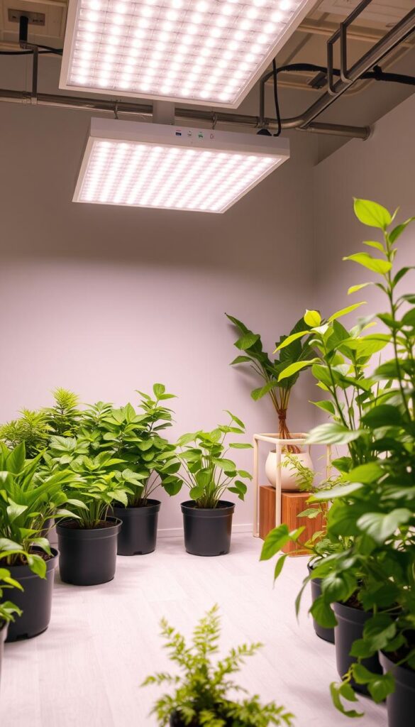 A pristine and well-lit indoor garden, showcasing an array of thriving plants bathed in the warm glow of an advanced grow light system. The light source is positioned overhead, casting a soft, even illumination across the lush foliage. In the foreground, a selection of potted plants, each tailored to specific needs, stand tall and vibrant. The middle ground features a minimalist, natural-inspired arrangement, with clean lines and a touch of greenery. The background presents a serene, neutral-toned backdrop, allowing the plants and lighting to take center stage. The overall composition conveys a sense of balance, efficiency, and the perfect fusion of technology and nature.