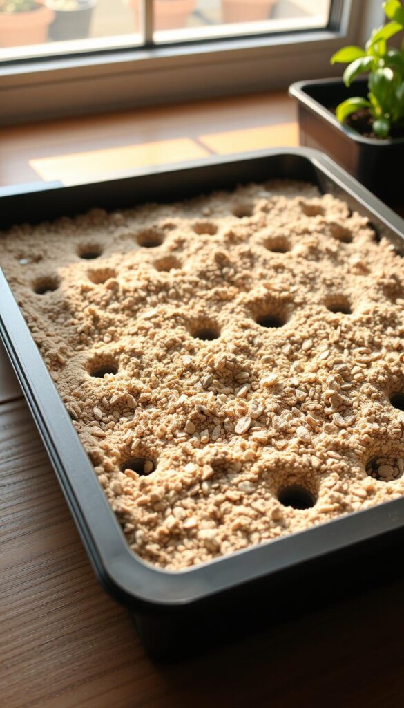 A pristine and well-organized seed starting tray filled with a rich, fine-textured seed starting mix. The mix is a light, airy blend of peat moss, vermiculite, and perlite, providing optimal drainage and aeration for delicate vegetable seedlings. The tray sits on a wooden surface, illuminated by warm, natural light filtering in through a nearby window, casting gentle shadows. The overall scene conveys a sense of order, cleanliness, and preparedness, setting the stage for a successful spring vegetable gardening season. A pristine and well-organized seed starting tray filled with a rich, fine-textured seed starting mix. The mix is a light, airy blend of peat moss, vermiculite, and perlite, providing optimal drainage and aeration for delicate vegetable seedlings. The tray sits on a wooden surface, illuminated by warm, natural light filtering in through a nearby window, casting gentle shadows. The overall scene conveys a sense of order, cleanliness, and preparedness, setting the stage for a successful spring vegetable gardening season.