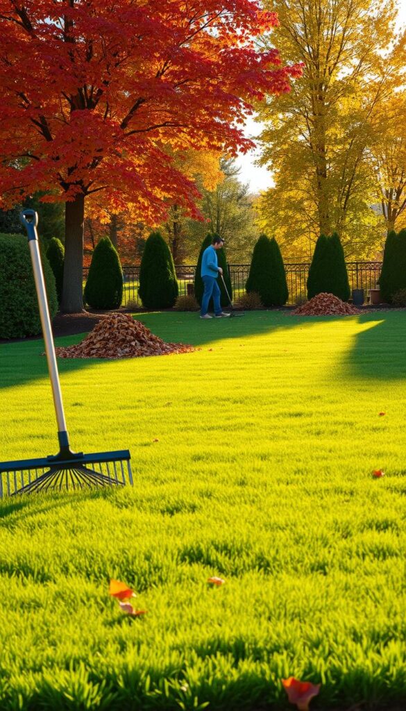 A pristine lawn in the golden light of a crisp autumn afternoon, the grass lush and verdant, meticulously mowed and edged. In the foreground, a rake and leaf blower stand ready, their tools reflecting the sun's rays. In the middle ground, a homeowner carefully gathers fallen leaves, creating tidy piles to be composted or disposed of. In the background, a row of mature trees adorned in vibrant hues of red, orange, and yellow, their leaves gently drifting down to the well-tended lawn. The scene conveys a sense of diligence, seasonality, and the care taken to prepare the lawn for the winter months ahead. A pristine lawn in the golden light of a crisp autumn afternoon, the grass lush and verdant, meticulously mowed and edged. In the foreground, a rake and leaf blower stand ready, their tools reflecting the sun's rays. In the middle ground, a homeowner carefully gathers fallen leaves, creating tidy piles to be composted or disposed of. In the background, a row of mature trees adorned in vibrant hues of red, orange, and yellow, their leaves gently drifting down to the well-tended lawn. The scene conveys a sense of diligence, seasonality, and the care taken to prepare the lawn for the winter months ahead.
