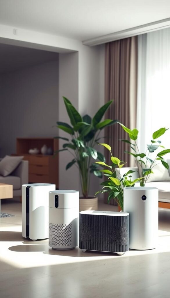 A pristine, well-lit indoor scene featuring a tastefully arranged group of modern, sleek air purifiers. The purifiers are positioned prominently in the foreground, their minimalist designs complementing the muted color palette of the room. Soft, diffused lighting bathes the scene, creating a sense of tranquility and wellness. In the middle ground, lush, thriving houseplants add pops of verdant greenery, symbolizing the synergy between nature and technology for cleaner, healthier indoor air. The background subtly suggests a cozy, comfortable living space, hinting at the integration of these air-purifying elements into an elegant, harmonious home environment. A pristine, well-lit indoor scene featuring a tastefully arranged group of modern, sleek air purifiers. The purifiers are positioned prominently in the foreground, their minimalist designs complementing the muted color palette of the room. Soft, diffused lighting bathes the scene, creating a sense of tranquility and wellness. In the middle ground, lush, thriving houseplants add pops of verdant greenery, symbolizing the synergy between nature and technology for cleaner, healthier indoor air. The background subtly suggests a cozy, comfortable living space, hinting at the integration of these air-purifying elements into an elegant, harmonious home environment.