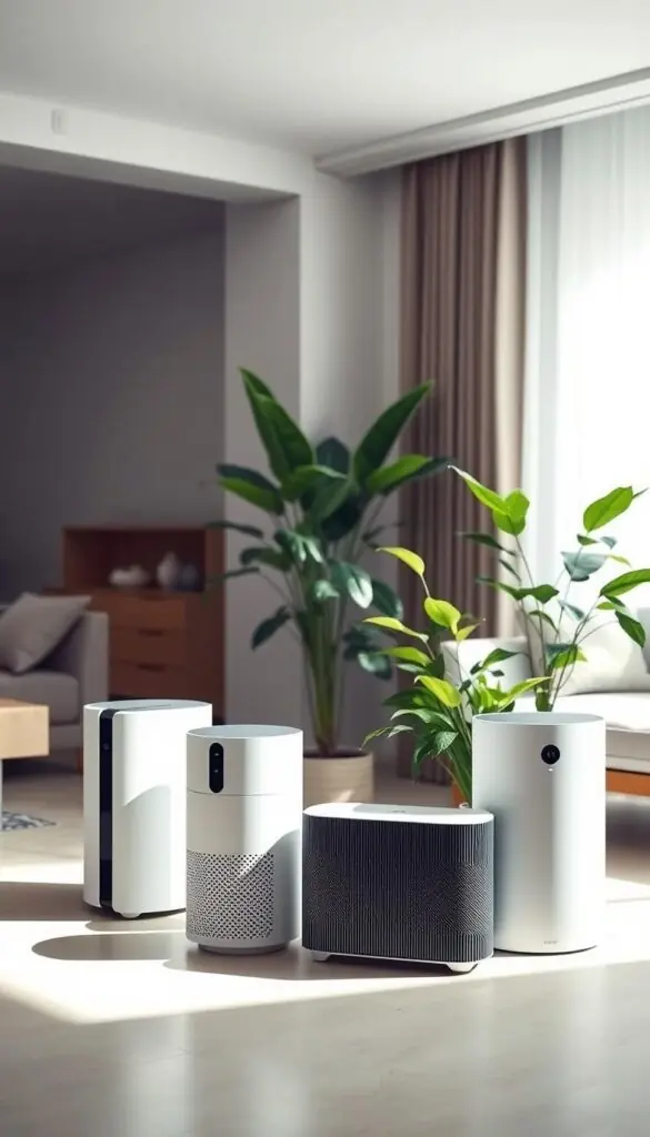 A pristine, well-lit indoor scene featuring a tastefully arranged group of modern, sleek air purifiers. The purifiers are positioned prominently in the foreground, their minimalist designs complementing the muted color palette of the room. Soft, diffused lighting bathes the scene, creating a sense of tranquility and wellness. In the middle ground, lush, thriving houseplants add pops of verdant greenery, symbolizing the synergy between nature and technology for cleaner, healthier indoor air. The background subtly suggests a cozy, comfortable living space, hinting at the integration of these air-purifying elements into an elegant, harmonious home environment. A pristine, well-lit indoor scene featuring a tastefully arranged group of modern, sleek air purifiers. The purifiers are positioned prominently in the foreground, their minimalist designs complementing the muted color palette of the room. Soft, diffused lighting bathes the scene, creating a sense of tranquility and wellness. In the middle ground, lush, thriving houseplants add pops of verdant greenery, symbolizing the synergy between nature and technology for cleaner, healthier indoor air. The background subtly suggests a cozy, comfortable living space, hinting at the integration of these air-purifying elements into an elegant, harmonious home environment.