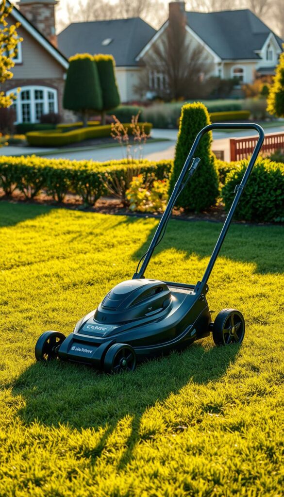 A professional, high-quality lawn mower standing in a lush, green lawn, bathed in warm, golden afternoon sunlight. The mower is a sleek, modern design with sharp, polished blades and a powerful electric motor. The lawn is meticulously manicured, with crisp, even lines where the mower has passed. In the background, a picturesque suburban neighborhood with neatly trimmed hedges and well-maintained gardens. The scene conveys a sense of pride, order, and a beautifully maintained outdoor living space. A professional, high-quality lawn mower standing in a lush, green lawn, bathed in warm, golden afternoon sunlight. The mower is a sleek, modern design with sharp, polished blades and a powerful electric motor. The lawn is meticulously manicured, with crisp, even lines where the mower has passed. In the background, a picturesque suburban neighborhood with neatly trimmed hedges and well-maintained gardens. The scene conveys a sense of pride, order, and a beautifully maintained outdoor living space.
