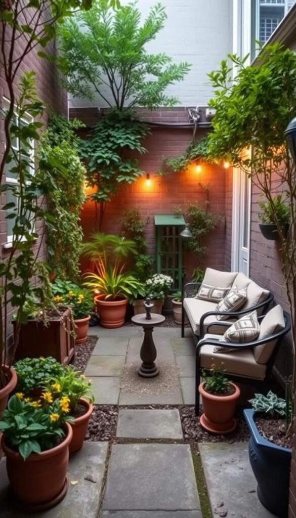 A quaint backyard oasis with a cozy seating area, lush greenery, and charming garden accents. Warm, diffused lighting casts a soft glow, creating an inviting atmosphere. A compact yet efficient layout maximizes the available space, with thoughtfully placed planters, a small patio, and a touch of whimsy in the form of a miniature fountain or birdbath. The scene exudes a sense of tranquility, perfect for relaxation and entertaining on a small urban lot or townhome patio.