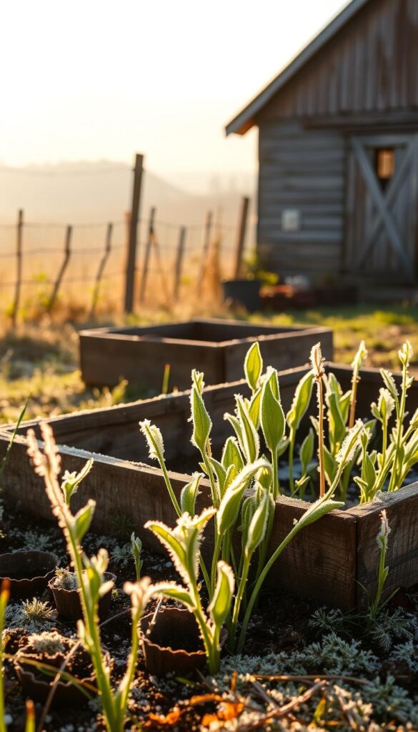 A quaint rural landscape on a chilly spring morning, bathed in soft golden light. In the foreground, a delicate layer of frost covers the tender leaves and stems of young vegetable seedlings, their fragile forms silhouetted against a hazy sky. In the middle ground, a weathered wooden garden box stands empty, ready to receive the soon-to-be-planted seeds. The background features a rustic fence, weathered barn, and distant hills, hinting at the approaching change of seasons. The overall mood is one of anticipation and the fleeting nature of this transitional time between winter and spring. A quaint rural landscape on a chilly spring morning, bathed in soft golden light. In the foreground, a delicate layer of frost covers the tender leaves and stems of young vegetable seedlings, their fragile forms silhouetted against a hazy sky. In the middle ground, a weathered wooden garden box stands empty, ready to receive the soon-to-be-planted seeds. The background features a rustic fence, weathered barn, and distant hills, hinting at the approaching change of seasons. The overall mood is one of anticipation and the fleeting nature of this transitional time between winter and spring.