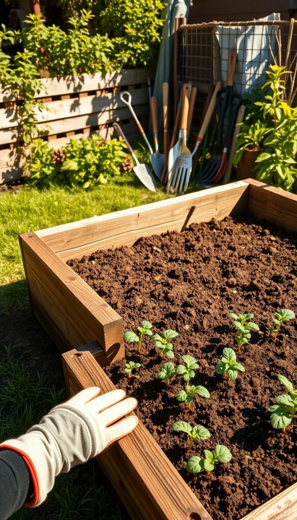 A raised garden bed, made of weathered wooden planks, stands prominently in a lush, sun-dappled backyard. The bed's sturdy frame casts soft shadows on the freshly tilled soil, inviting the viewer to envision a thriving vegetable or flower garden. In the foreground, a pair of gloved hands gently presses seedlings into the earth, while in the background, a variety of gardening tools - trowels, rakes, and pruning shears - are neatly arranged, ready for use. The scene is bathed in warm, golden light, conveying a sense of tranquility and the promise of a bountiful harvest to come.