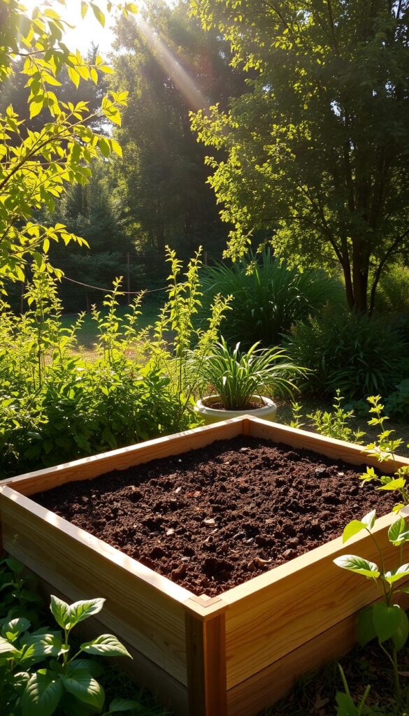 A raised garden bed nestled in a lush, verdant landscape, bathed in warm, golden sunlight. The bed's sturdy wooden frame stands in crisp contrast to the rich, dark soil within, inviting the viewer to imagine the bountiful plants that will soon thrive there. A gentle breeze rustles the leaves of the surrounding trees, creating a serene, calming atmosphere. The bed is positioned in an ideal spot, receiving ample sunlight and protected from harsh winds, creating the perfect conditions for a flourishing, productive garden.