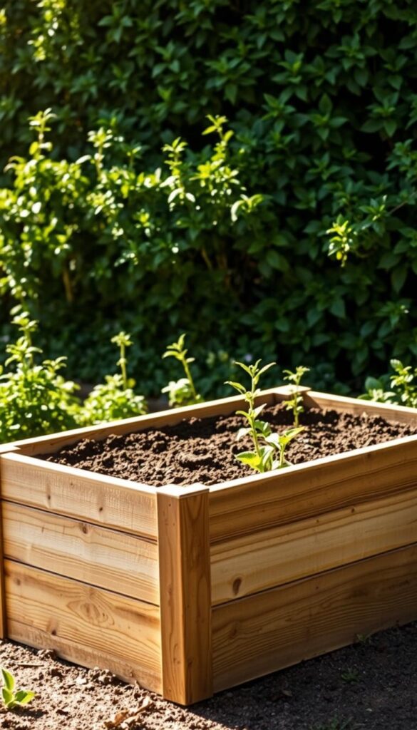 A raised garden bed with adjustable height, set at 12 inches, standing against a lush green backdrop. The bed is made of weathered wood planks, with a sturdy, rectangular frame. The soil inside the bed is dark and rich, ready to nurture a variety of vegetables and herbs. Warm, diffused sunlight filters through the scene, casting soft shadows on the surface. The overall atmosphere is one of peaceful productivity, inviting the viewer to envision themselves tending to a thriving, customized garden.