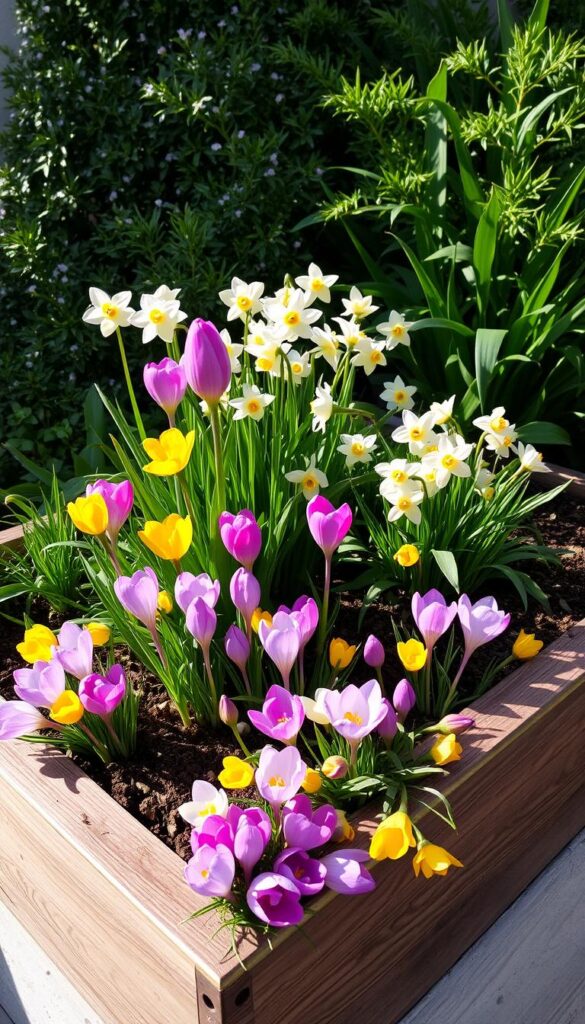 A raised planter box filled with a layered arrangement of spring-blooming bulbs and plants. In the foreground, clusters of bright purple and yellow crocus bulbs emerge from the soil, their petals unfurling towards the sun. Nestled behind them, vibrant pink tulips stand tall, their delicate petals softly backlit. In the middle ground, a scattering of white daffodils sway gently, their trumpets opening to reveal golden centers. The background features a profusion of lush, verdant foliage, hinting at the abundant color and texture to come. The entire scene is illuminated by soft, diffused natural lighting, casting long, gentle shadows and creating a serene, tranquil atmosphere.