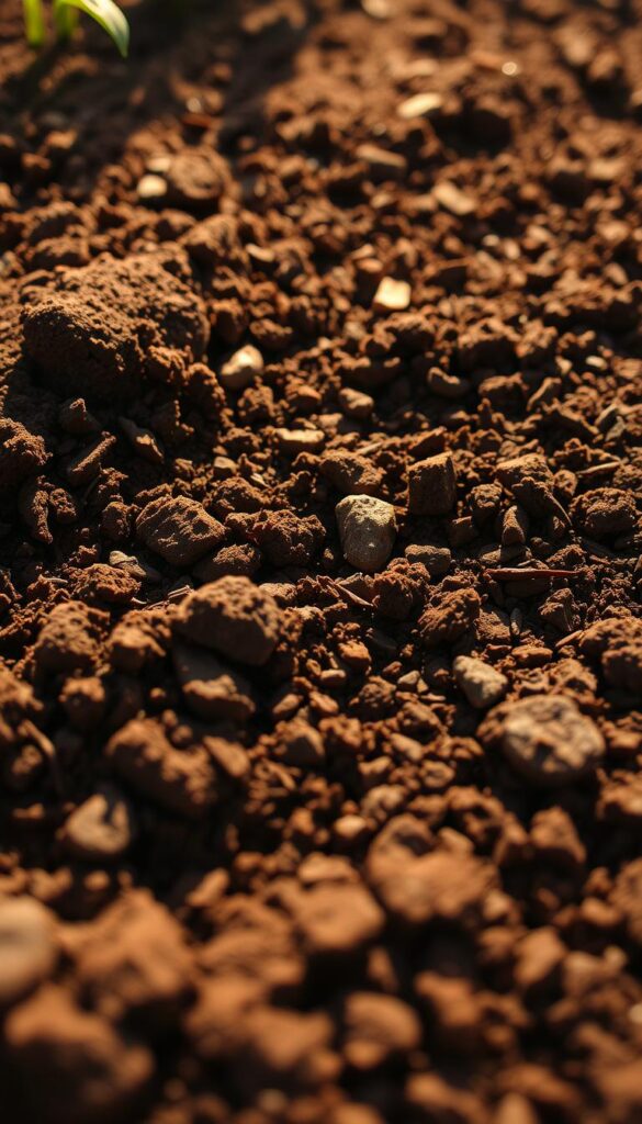 A rich, earthy close-up of freshly tilled garden soil, shot from a low, ground-level angle with a shallow depth of field. The soil is a deep, dark brown, teeming with visible organic matter and small stones, with intricate textures and patterns. Warm, golden sunlight filters through, casting soft, dramatic shadows and highlights that accentuate the soil's complex structure. The overall mood is one of fertile potential, hinting at the promise of growth and new life to come in the fall planting season. A rich, earthy close-up of freshly tilled garden soil, shot from a low, ground-level angle with a shallow depth of field. The soil is a deep, dark brown, teeming with visible organic matter and small stones, with intricate textures and patterns. Warm, golden sunlight filters through, casting soft, dramatic shadows and highlights that accentuate the soil's complex structure. The overall mood is one of fertile potential, hinting at the promise of growth and new life to come in the fall planting season.