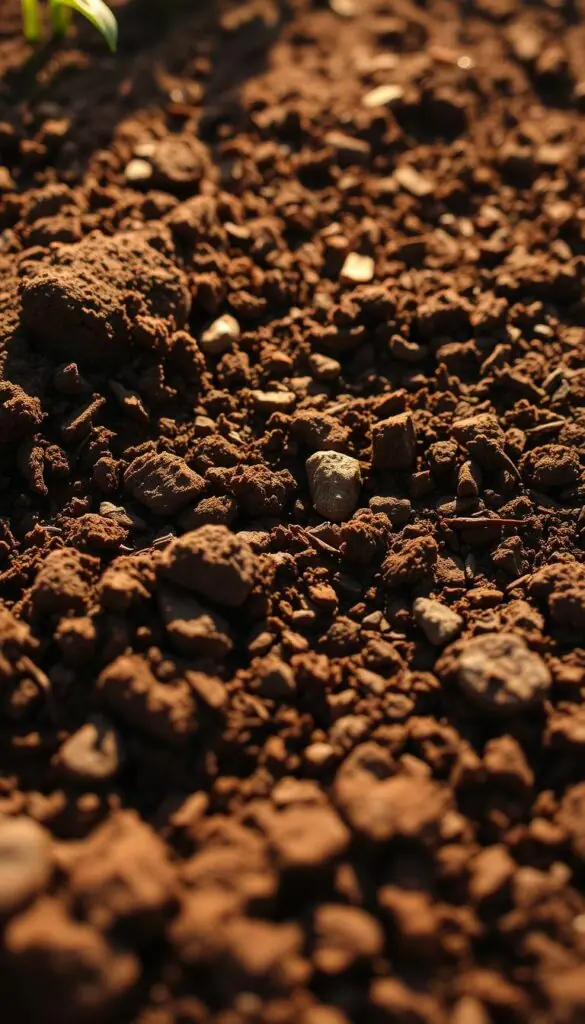 A rich, earthy close-up of freshly tilled garden soil, shot from a low, ground-level angle with a shallow depth of field. The soil is a deep, dark brown, teeming with visible organic matter and small stones, with intricate textures and patterns. Warm, golden sunlight filters through, casting soft, dramatic shadows and highlights that accentuate the soil's complex structure. The overall mood is one of fertile potential, hinting at the promise of growth and new life to come in the fall planting season. A rich, earthy close-up of freshly tilled garden soil, shot from a low, ground-level angle with a shallow depth of field. The soil is a deep, dark brown, teeming with visible organic matter and small stones, with intricate textures and patterns. Warm, golden sunlight filters through, casting soft, dramatic shadows and highlights that accentuate the soil's complex structure. The overall mood is one of fertile potential, hinting at the promise of growth and new life to come in the fall planting season.